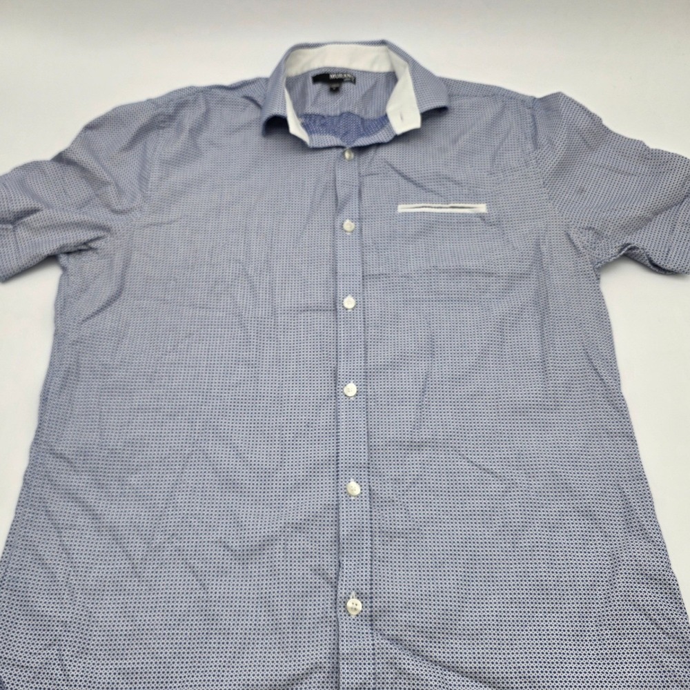Business Casual Murano Button Down Shirt Mens L Blue Slim Fit Short Sleeve Print
